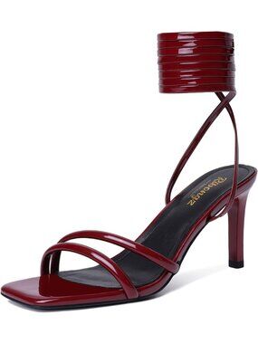 Women's Burgundy Leather Patent Summer Stiletto Heels with Ankle Strap Sandals